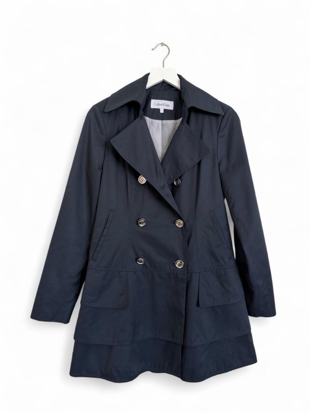 Y2K Calvin Klein Dark Navy Double-Breasted Trench Coat Size S